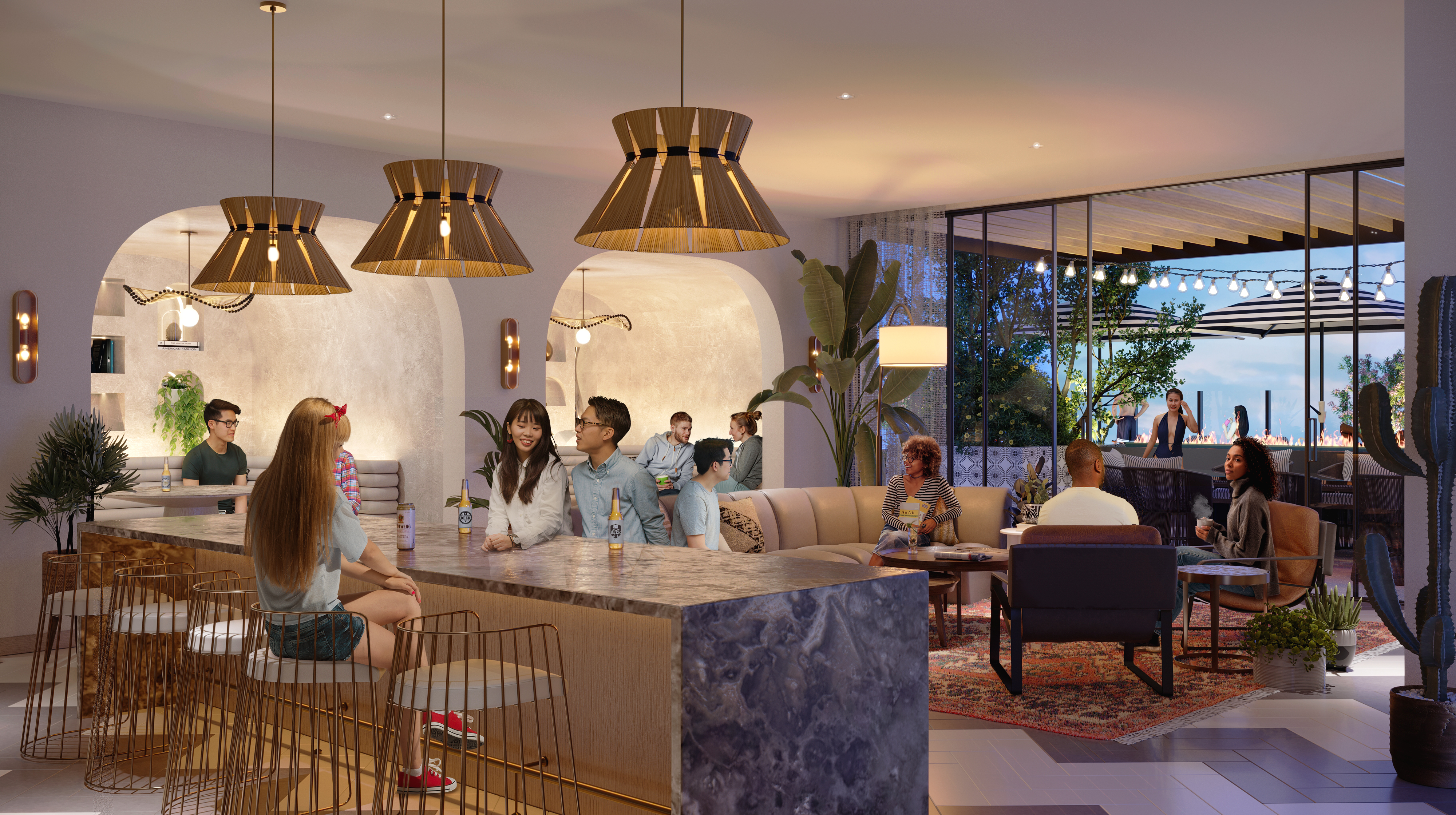 Rendering of the club room space at Moontower Phoenix, luxury apartments on Roosevelt Row.