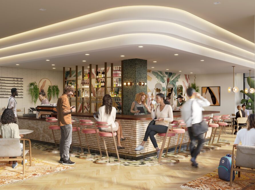 Rendering of Fleet Coffee and Cocktails at Moontower Phoenix, luxury apartments on Roosevelt Row.