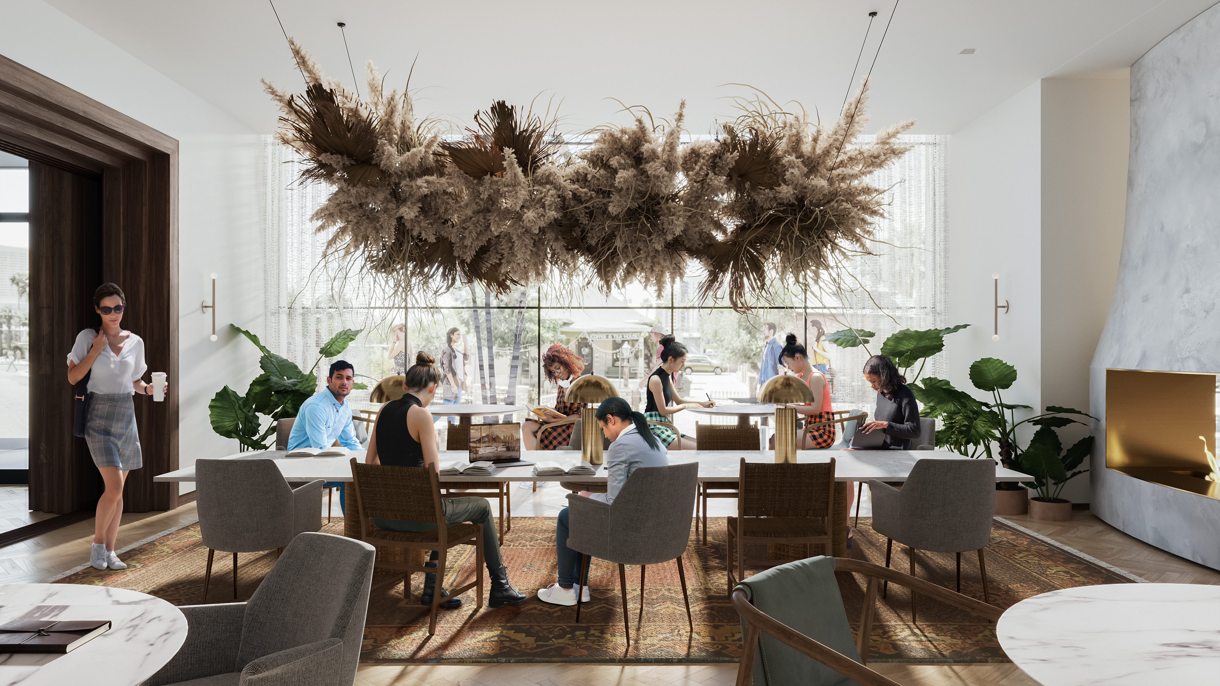 Rendering of the community table co work space at Moontower Phoenix, luxury apartments on Roosevelt Row.