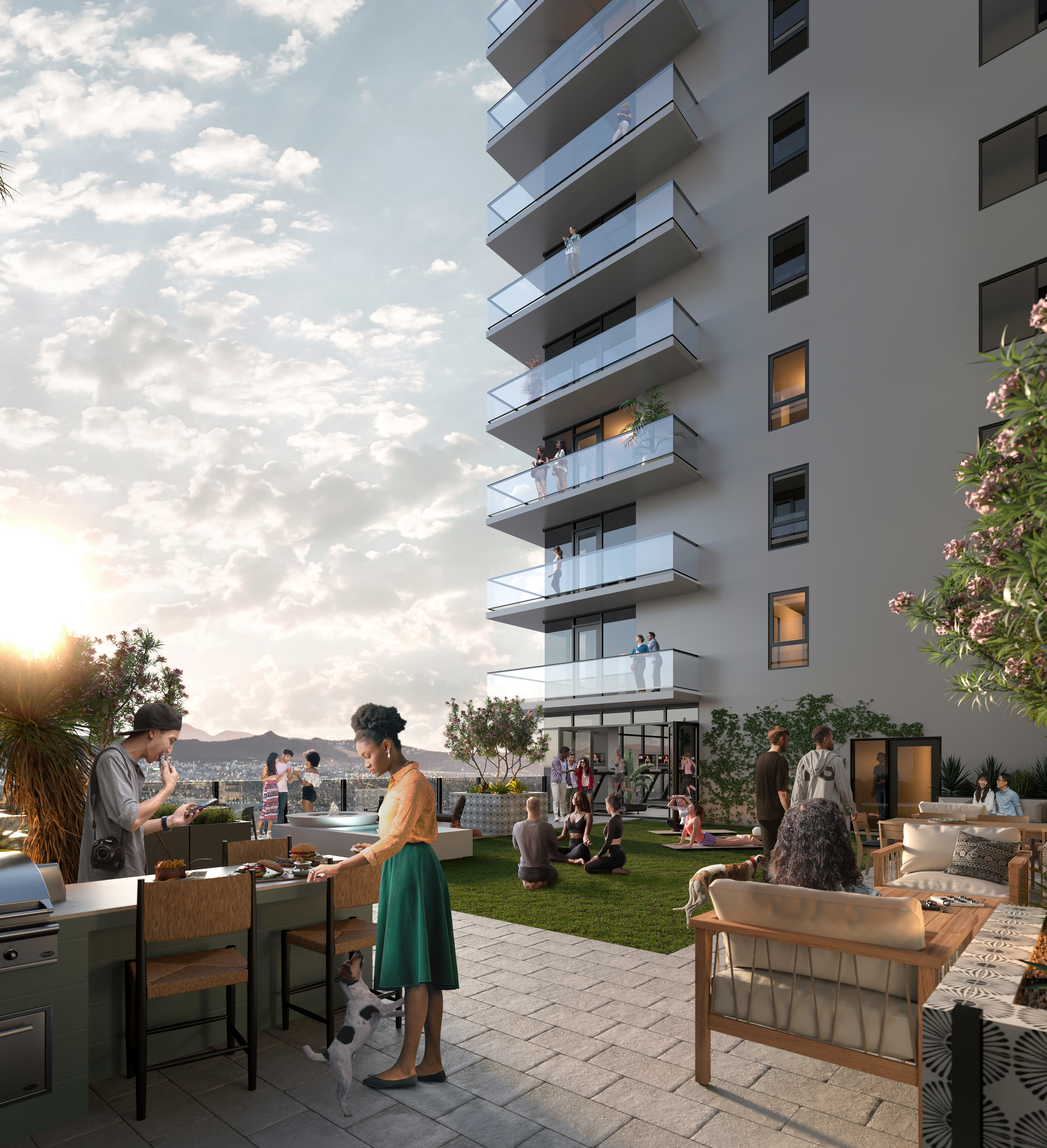 Rendering of the outdoor courtyard at Moontower Phoenix, luxury apartments on Roosevelt Row.