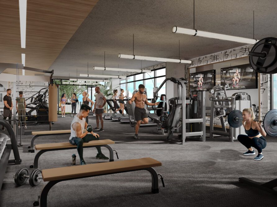 Rendering of the gym and fitness center at Moontower Phoenix, luxury apartments on Roosevelt Row.