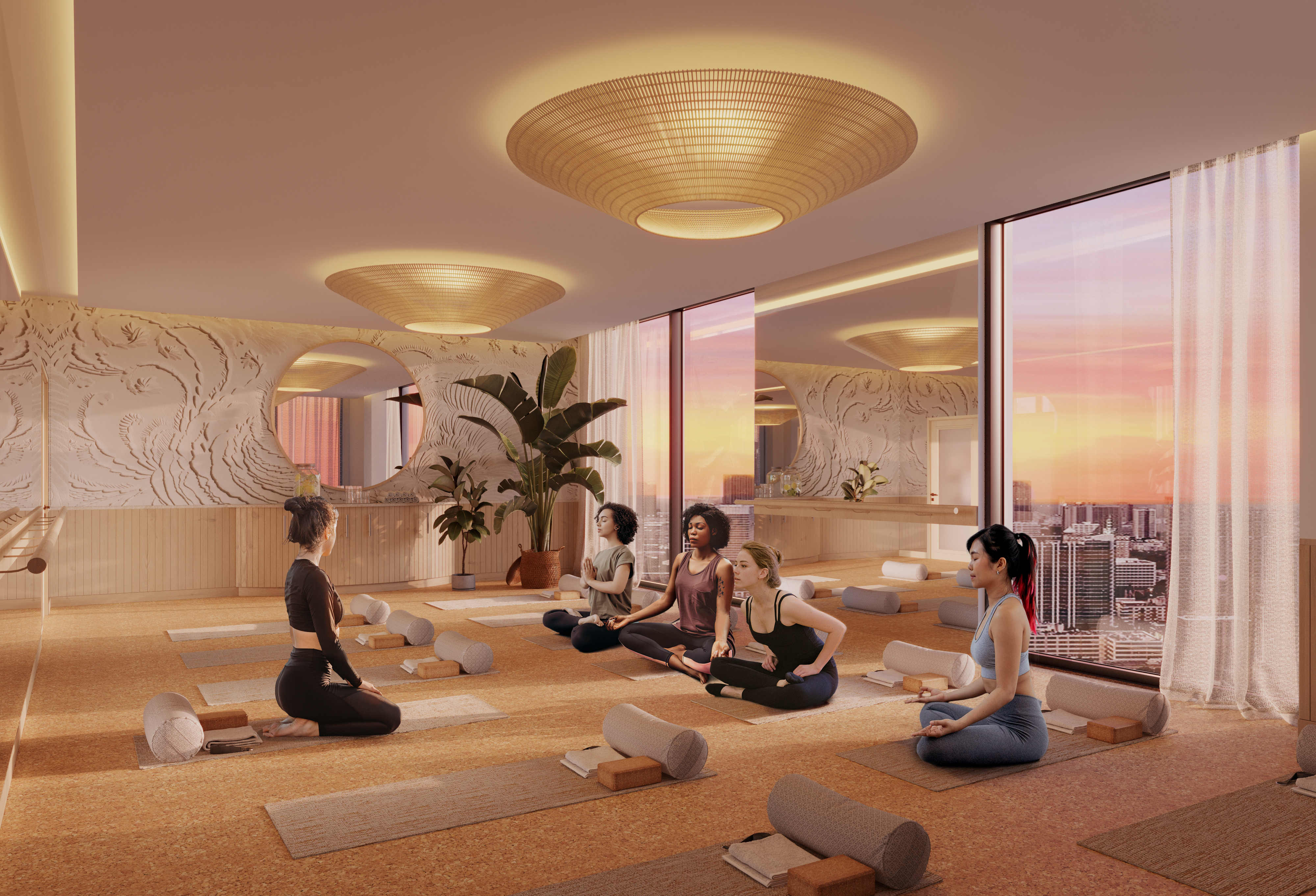 Rendering of yoga room at Moontower Phoenix, luxury apartments on Roosevelt Row.