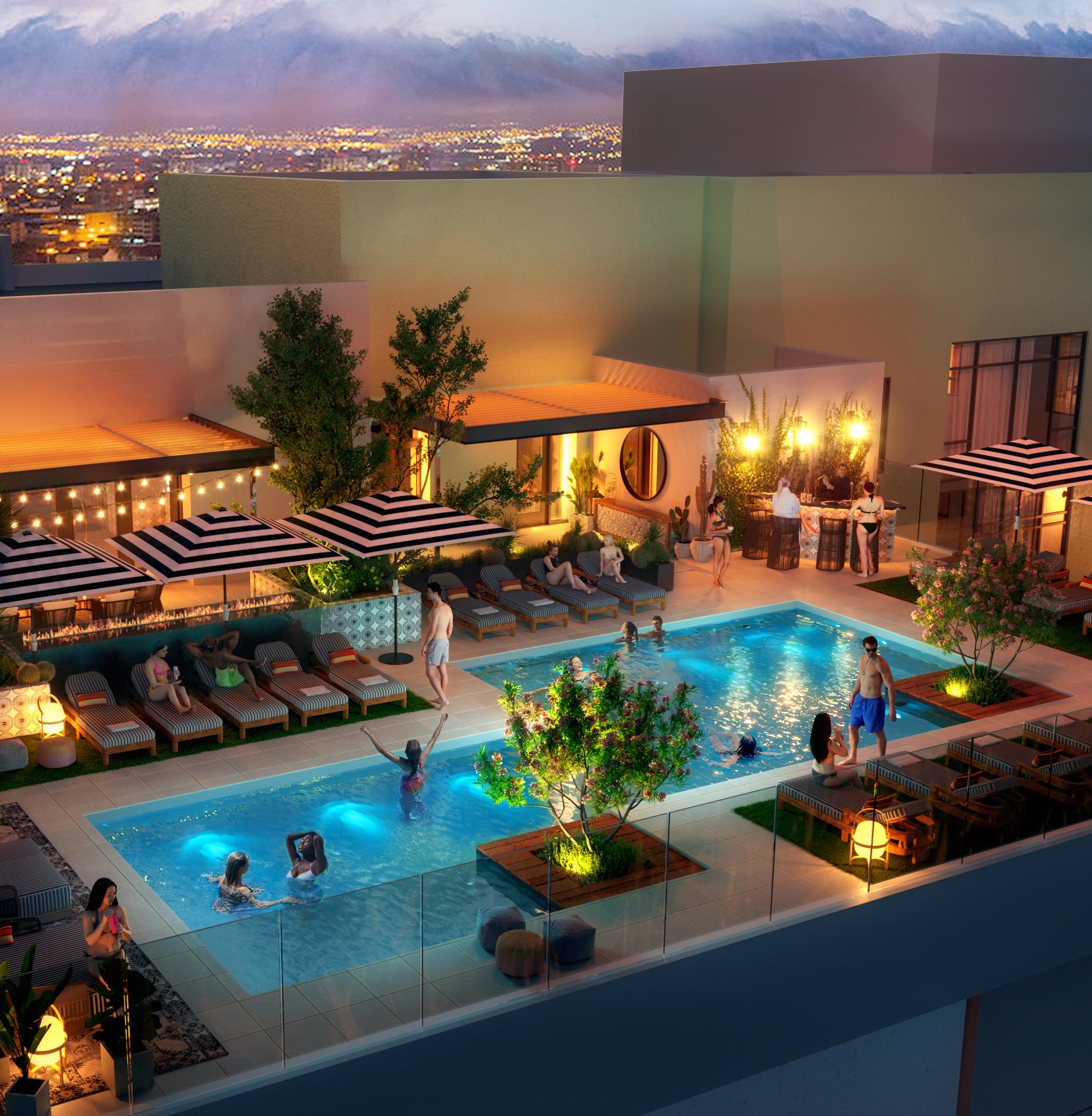 Rendering of the rooftop pool and hot tub at Moontower Phoenix, luxury apartments on Roosevelt Row.