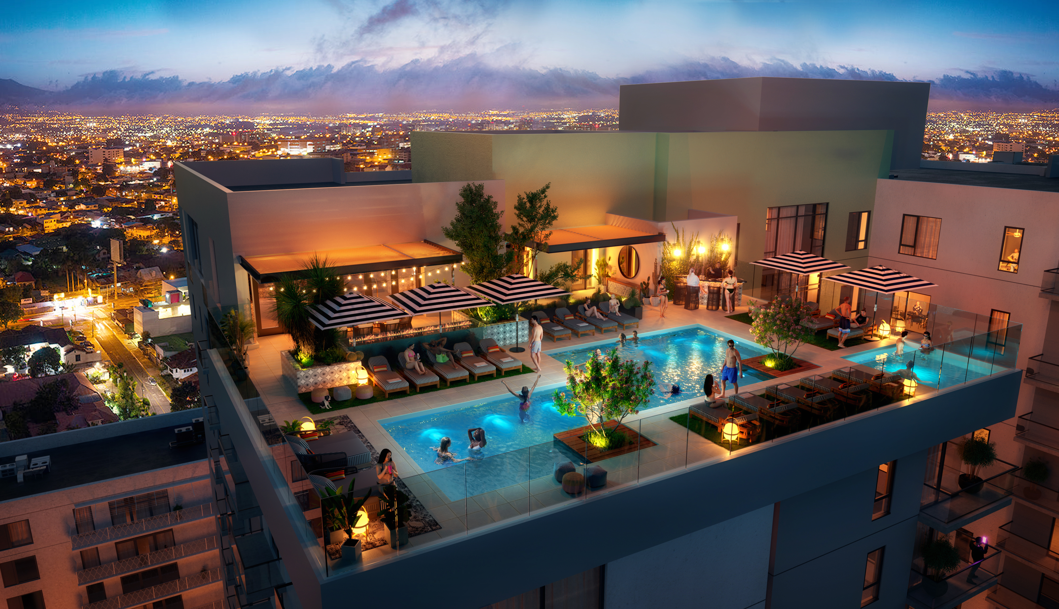 Rendering of the rooftop pool and hot tub at Moontower Phoenix, luxury apartments on Roosevelt Row.