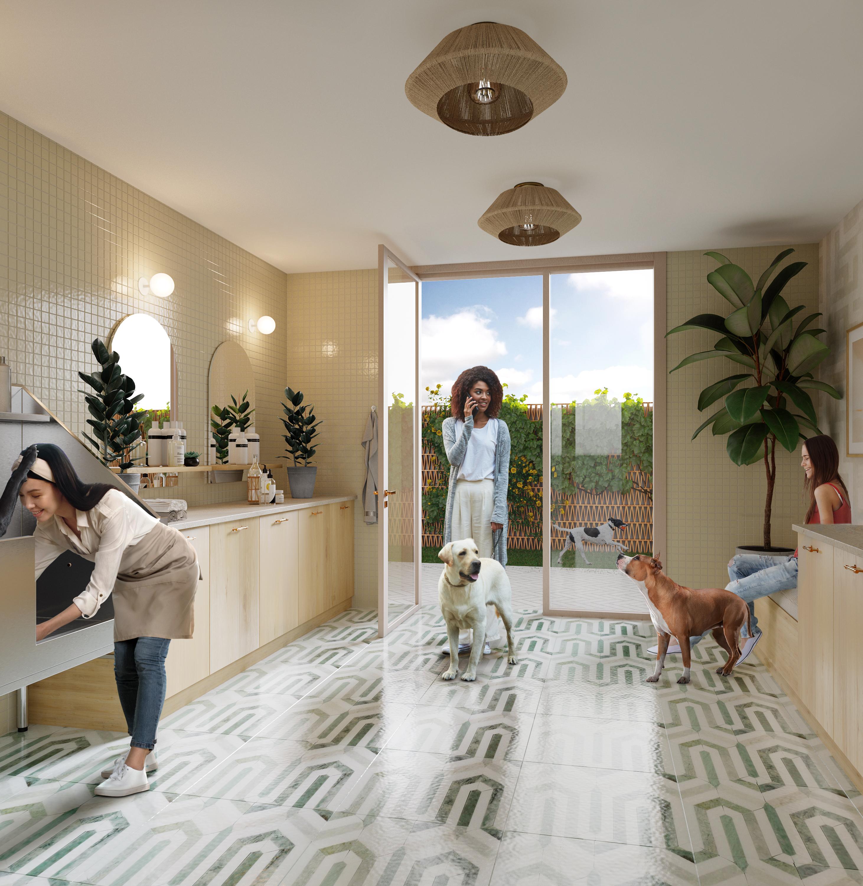 Rendering of the dog spa at Moontower Phoenix, luxury apartments on Roosevelt Row.