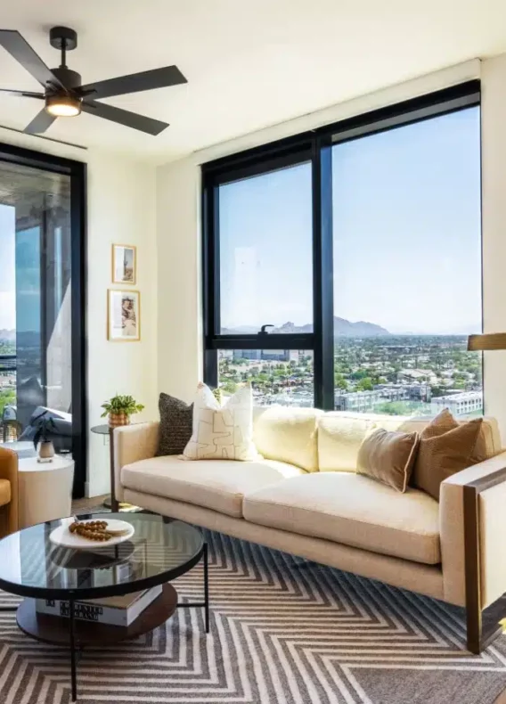 Living room at Skye on 6th, a new apartment building in downtown Phoenix