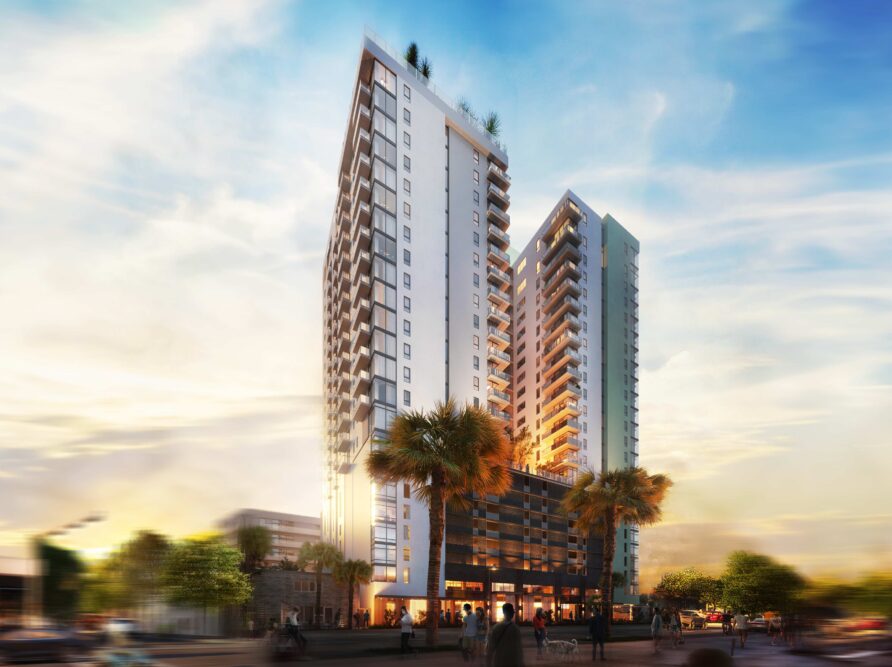 exterior rendering of Moontower, a new luxury apartment building near Roosevelt Row in downtown Phoenix