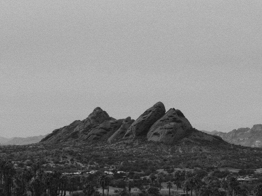 black and white view of the mountain in the sonoran desert near phoenix, arizona