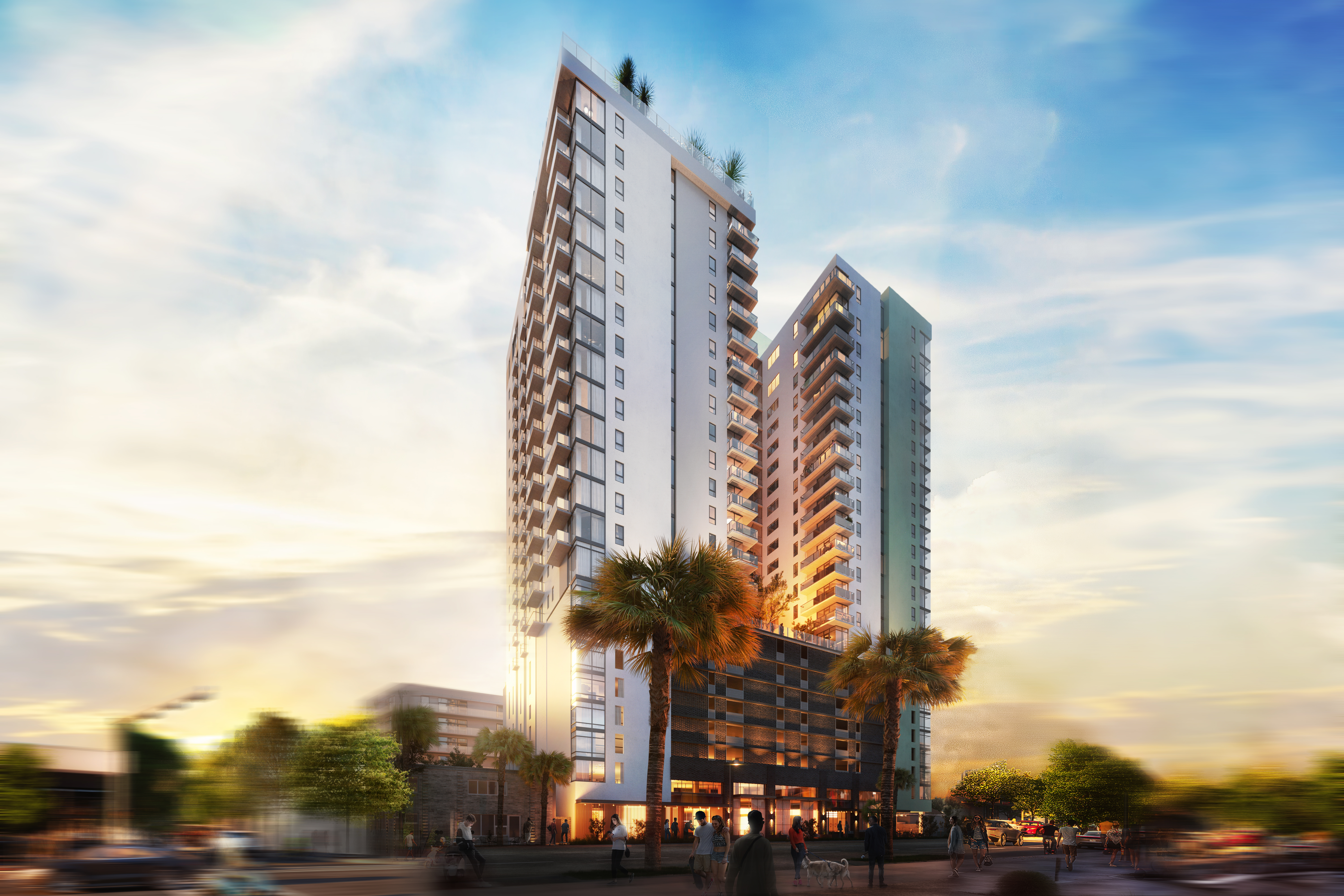 An image of the entirety of the exterior of Moontower apartments.