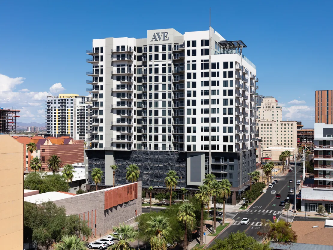 Exterior of Ave Phoenix Sky, a downtown Phoenix apartment | Ave Phoenix Sky Review