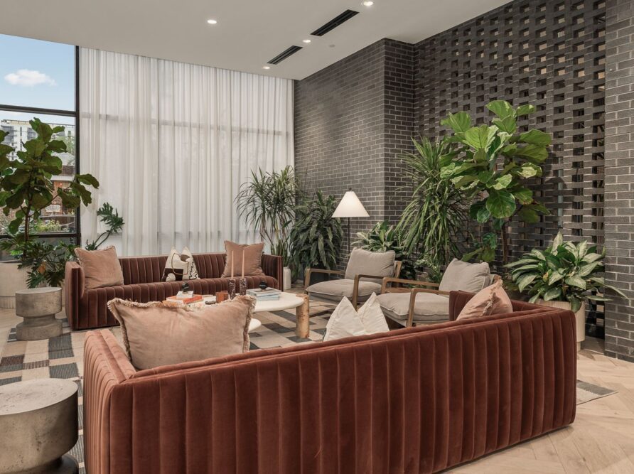 Image of the fireplace lounge at Moontower Phoenix, luxury apartments on Roosevelt Row.