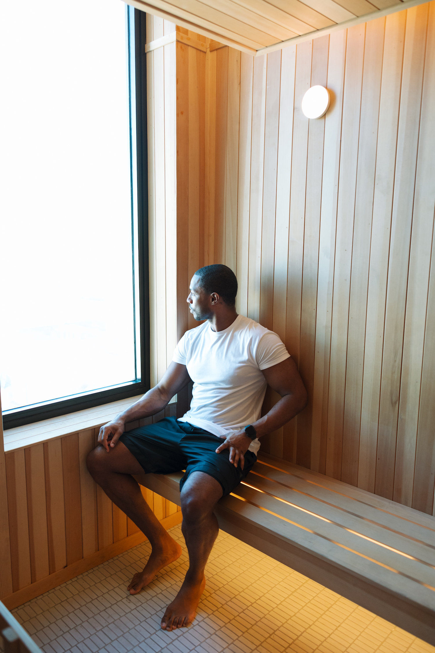 Man sitting in the sauna at Moontower
