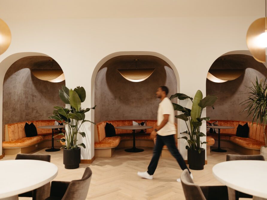 Arched coworking booths at Moontower PHX